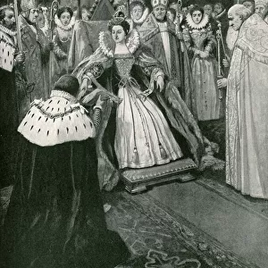 The presentation of the gloves by the Lord of the Manor of Worksop at the coronation of Elizabeth (litho)