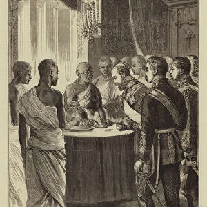 The Prince of Wales in Ceylon, Kandy, the Buddhist Priests exhibiting Buddhas Tooth to the Prince (engraving)