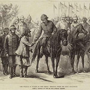 The Prince of Wales in the Terai, meeting with Sir Jung Bahadoor (engraving)