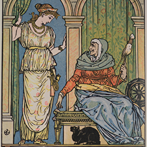 The Princess and the old woman with the spinning wheel, illustration for