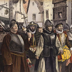 Procession of the Catholic League through the streets of Paris, 1590 (colour litho)