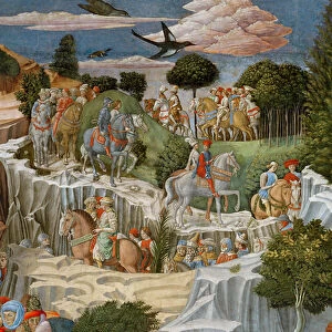 Procession on horseback descending a hill, detail from the Journey of the Magi cycle in