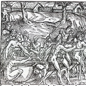 Procession of natives drinking and smoking, engraved by Theodor de Bry (1525-75)