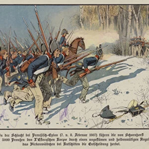 Prussian infantry attacking at the Battle of Eylau, 7-8 February 1807 (colour litho)