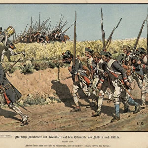 Prussian musketeers and grenadiers on the march from Mahren to Kustrin (colour litho)