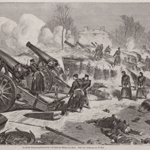 Prussian siege battery in the park of Le Raincy dring the Siege of Paris, Franco-Prussian War, 1871 (engraving)