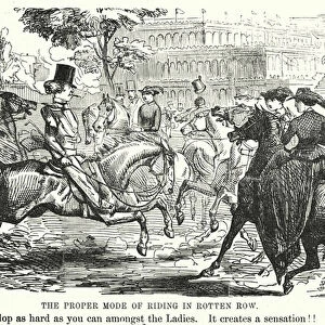 Punch cartoon: Great Exhibition of 1851: The Proper Mode of Riding in Rotten Row (engraving)