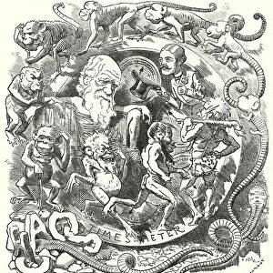 Punch cartoon: Man is but a Worm - Charles Darwins Theory of Evolution (engraving)
