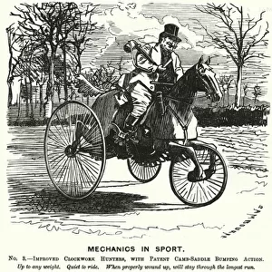 Punch cartoon: Mechanics in Sport. No 3. - Improved Clockwork Hunters, with Patent Camb-Saddle Bumping Action (engraving)