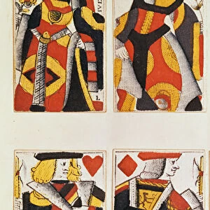 Queen and Jack playing cards (coloured wood engraving)