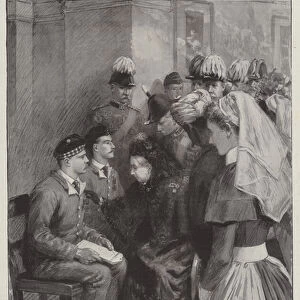 The Queen at Netley Hospital, Her Majesty conferring the Victoria Cross on Piper Findlater and Private Vickery (engraving)