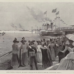 Queens Weather at Folkestone, Her Majestys Departure for the Continent on Board the "Calais-Douvres, "11 March (engraving)