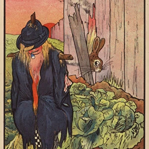 Rabbit confused by a scarecrow (colour litho)