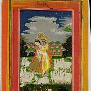 Radha and Krishna embrace in an idealised landscape with cows, c