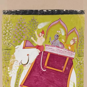 Rama and Lakshman in the howdah of a white elephant with Hanuman as mahout