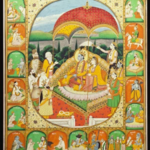 Rama and Sita Enthroned, worshipped by Shiva, Hanuman and others, 1800-20 (gouache)