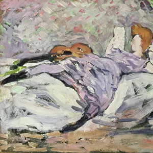 Reclining woman reading (oil on canvas)