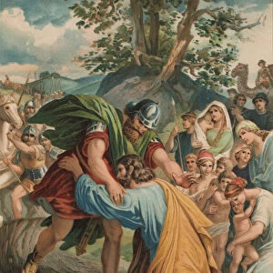The reconciliation of Jacob and Esau (colour litho)