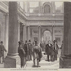 The Reform Club-House, Members awaiting Intelligence of the Formation of the New Ministry (engraving)