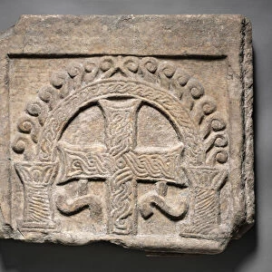 Relief Panel from the End of a Sarcophagus: A Cross Within an Arch, Lombardic