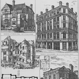 Residences at Tunbridge Wells, Premises in the Haymarket, Plan and View of School Premises at Dover, Premises at Norwood for the London and County Banking Company, Limited (engraving)