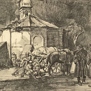 Rest at the church in Focsani (litho)