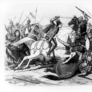 Richard III (1452-85) at the Battle of Bosworth in 1485 (engraving) (b&w photo)
