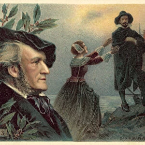 Richard Wagner and a scene from his opera The Flying Dutchman, 1913 (colour litho)