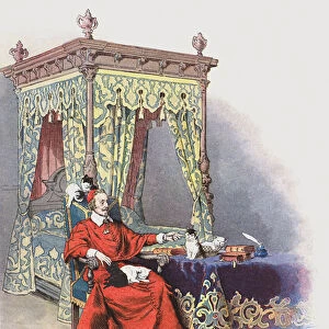 Richelieu playing with his pet cats (colour litho)