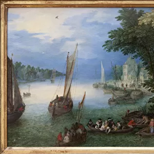 River scene or the barkage, Oil painting on copper by Jan Brueghel, dit Brueghel de Velours (1568-1625), circa 1605. Dim. : 24 x 36 cm. Photography, KIM Youngtae, Nantes, Musee des Beaux Arts de Nantes