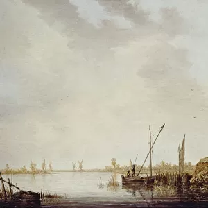A River Scene with Distant Windmills, c. 1640-42 (oil on oak panel)