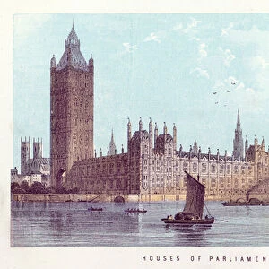 River Thames: Houses of Parliament (coloured engraving)