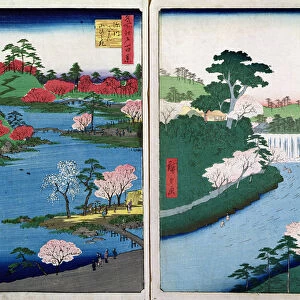 Along the riverbank, two views from 60-Odd Famous Views of the Provinces, pub. by Kosheihei in 1853, (colour woodblock print)