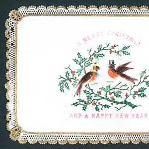 Robins wearing hats, Christmas Card (chromolitho)