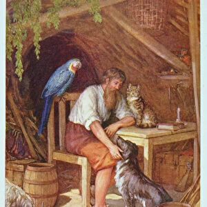 Robinson Crusoe in his Hut, illustration from Robinson Crusoe by Daniel Defoe (1660-1731) (colour litho)