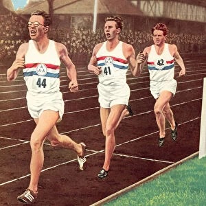 Roger Bannister with his pacemakers, Brasher (leading) and Chataway (behind) at the half-way stage of the historic first four-minute mile, run at Oxford on 7 May 1954 (photo)