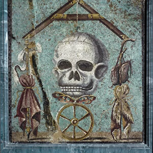 Roman Art: Memento mori, symbols of Life and Death. Mosaic from Pompei. 2nd style. Dim