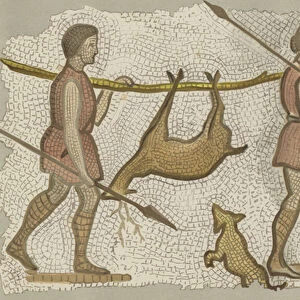 Roman mosaic, showing two men carrying a deer (colour litho)