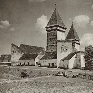 Romania: Dealu Frumos, Fortified Church (b / w photo)