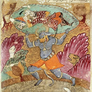 Rostam carried by Akwan-Diwa, illustration from the Shahnama (Book of Kings)