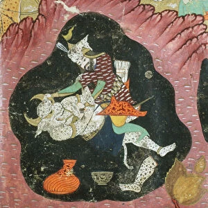Rostam killing the White Demon in a cave, illustration from the Shahnama (Book of Kings) by Abu l-Qasim Manur Firdawsi (c. 934-c. 1020) 1615 (gouache on paper)