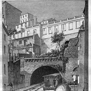 Route du chemin de fer de Lyon a Fourviere - engraving in "Journal des voyages" 1884