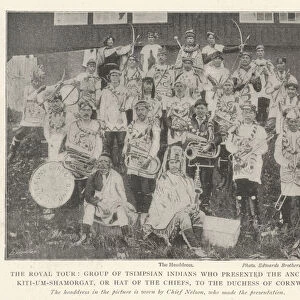 The Royal Tour, Group of Tsimpsian Indians who presented the Ancestral Kiti-um-Shamorgat, or Hat of the Chiefs, to the Duchess of Cornwall (b / w photo)