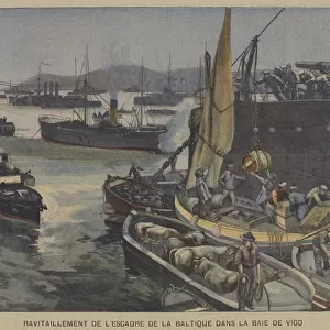 The Russian Baltic Fleet being re-supplied in the Bay of Vigo, Spain, enroute to the Far East to fight in the Russo-Japanese War (colour litho)