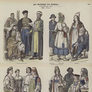 Russian costumes, late 19th Century (coloured engraving)