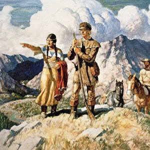 Sacagawea with Lewis and Clark during their expedition of 1804-06 (colour litho)
