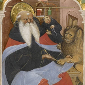 Saint Jerome extracting a thorn from a lions paw Ms 106, 1425-50 (tempera