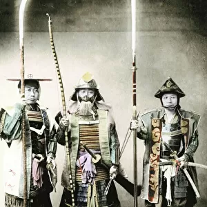 Samurai of Old Japan armed with long bow, pole arms and swords