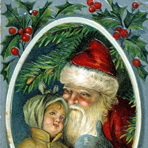 Santa Claus and a child. 19th century German postcard