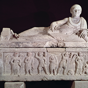 Sarcophagus of the magistrate Laris Pulena with a scroll unrolled before him